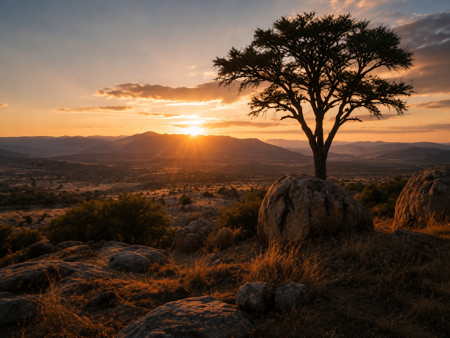 African savanna at sunrise with an acacia tree