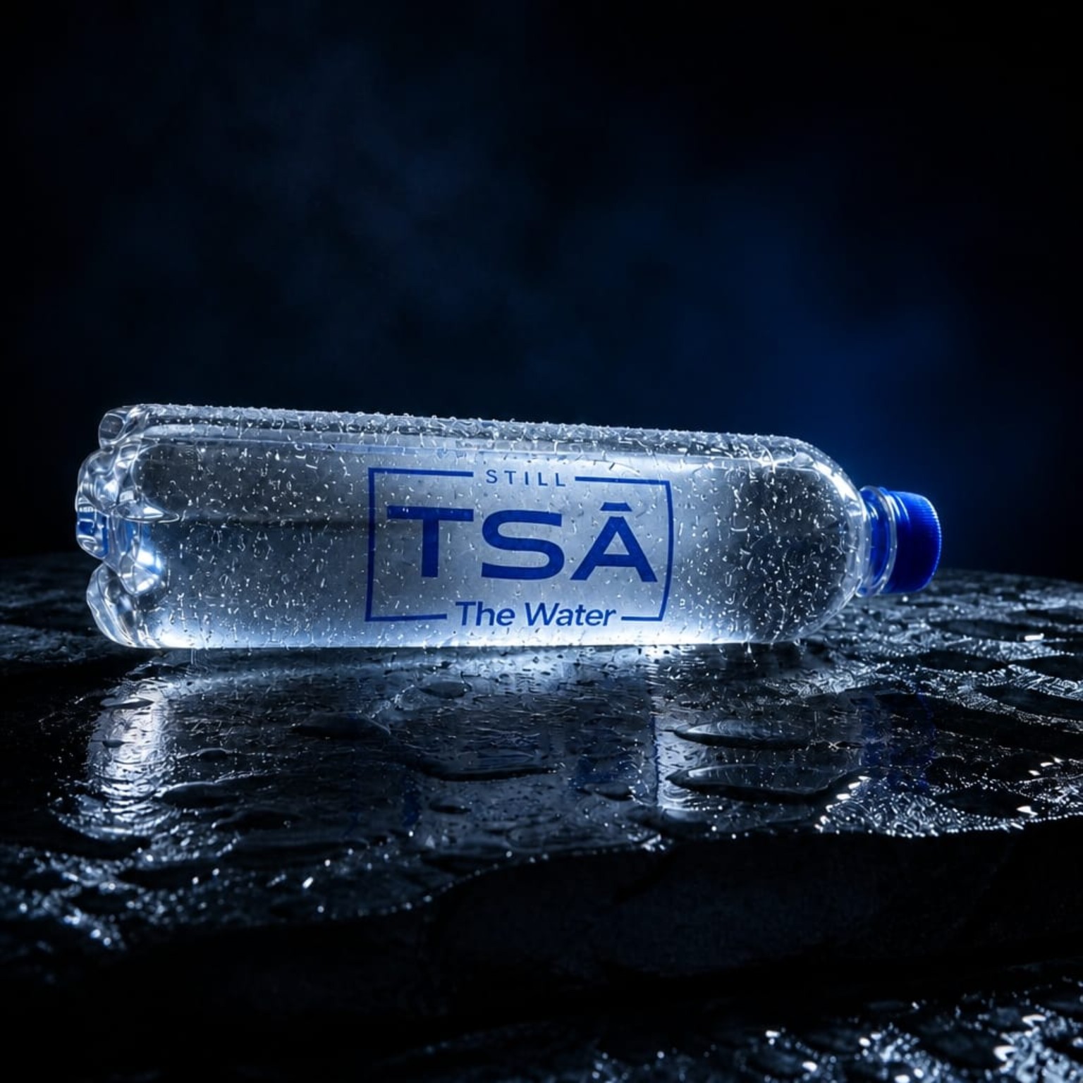 TSA Still Water bottle with condensation on a dark reflective surface