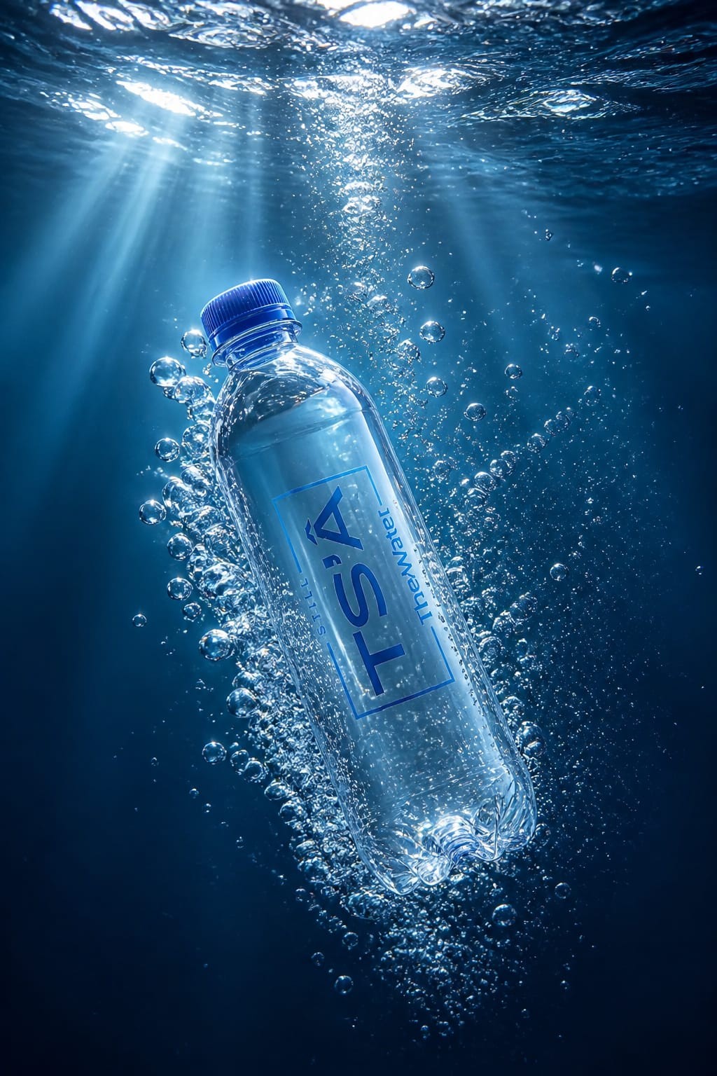 TSA Still Water bottle surrounded by underwater bubbles and blue light